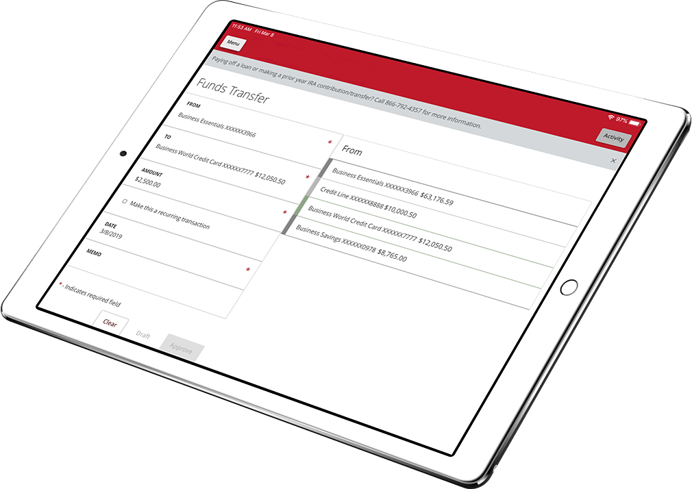 Tablet with lite Valley Credit Union funds transfer on the screen