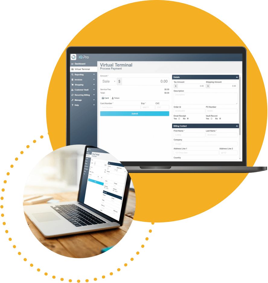 Laptop with virtual terminal for processing credit cards.
